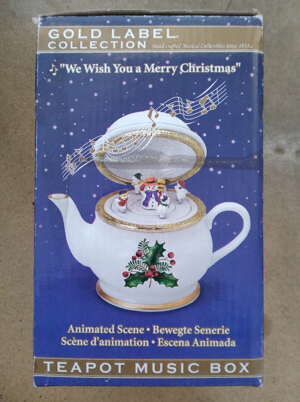 White Holiday Teapot Music Box with Holly Motif